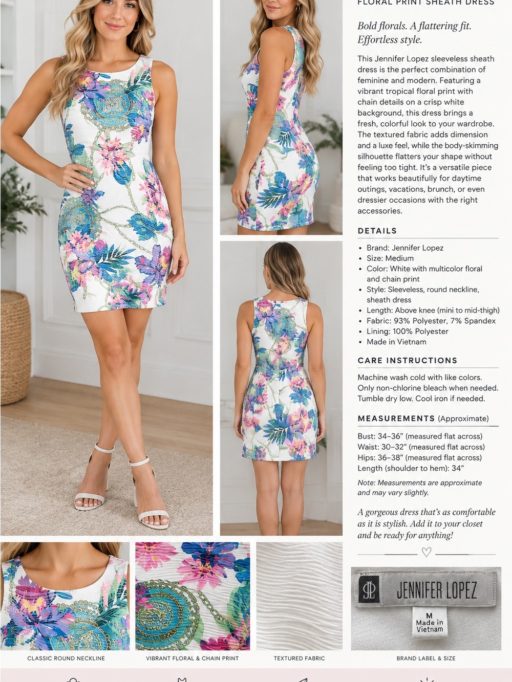 Jennifer Lopez White Floral Midi Dress with Blue and Pink Blooms